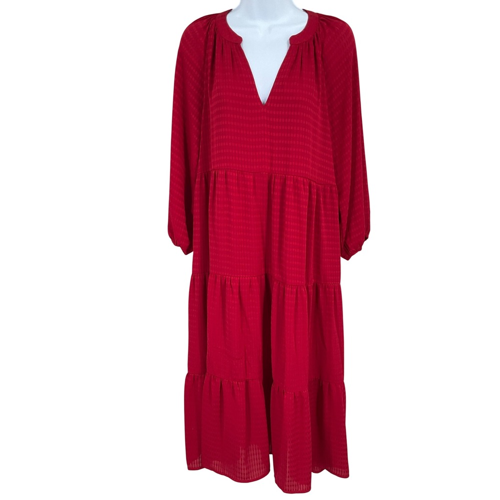 Entro Tiered Midi Dress Womens Sz S Red Boho Textured Balloon Sleeve Cottagecore